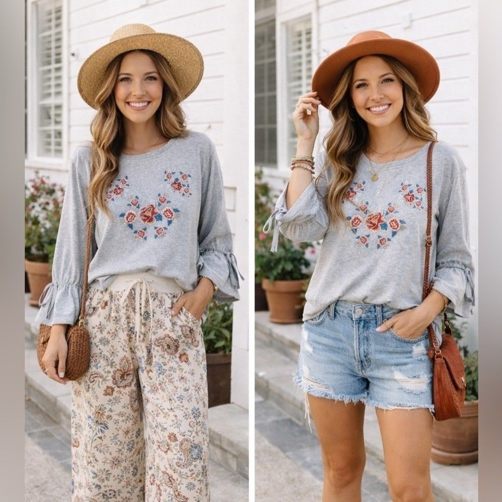 Renvy Women's Embroidered Top Sweatshirt Cozy Fall Floral Small Gray